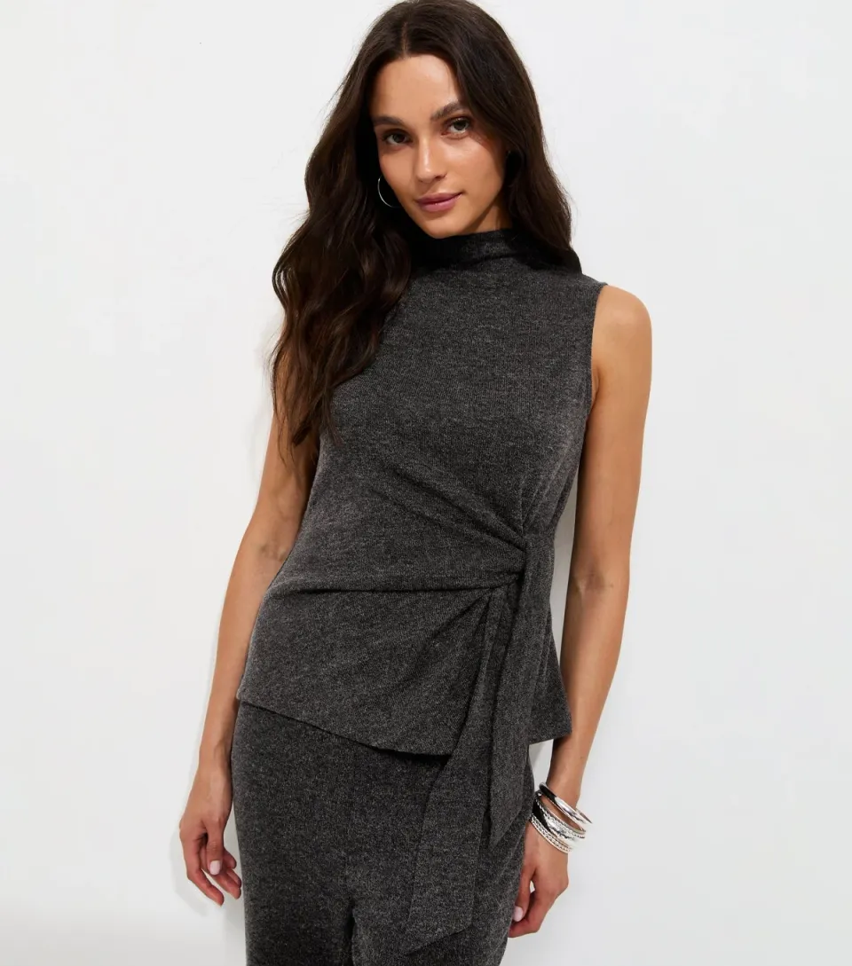 Women's Dark Grey Knotted High Neck Sleeveless Top