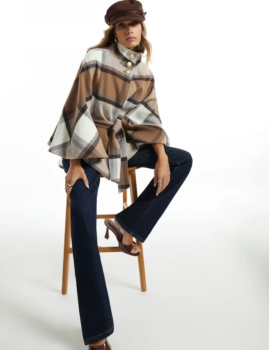Checked Belted Funnel Neck Coat Beige Mix