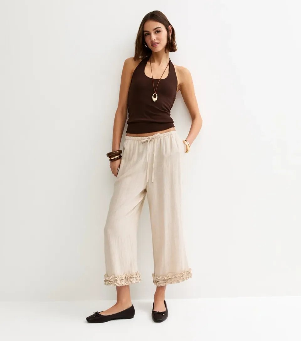 Women's Stone Linen Look Cropped Ruffle Hem Trousers