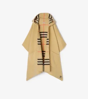 Check Cashmere Hooded Cape in Sand beige