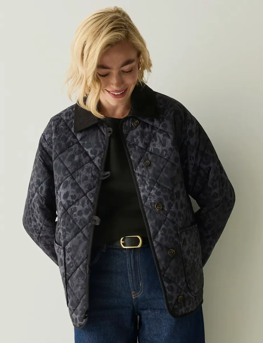 Checked Quilted Collared Jacket Grey Mix