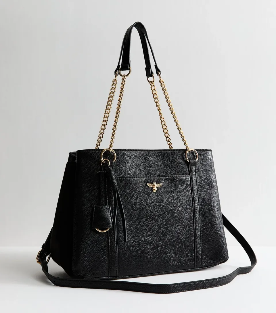 Black Faux Leather Bee Triple Compartment Tote Bag
