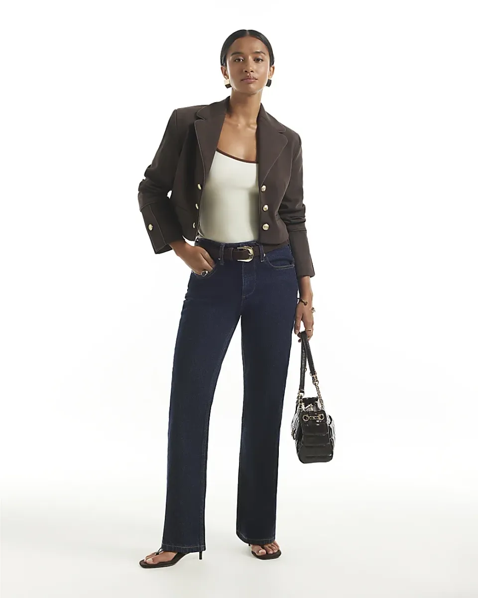 Petite Belted Stretch Straight Leg Jeans