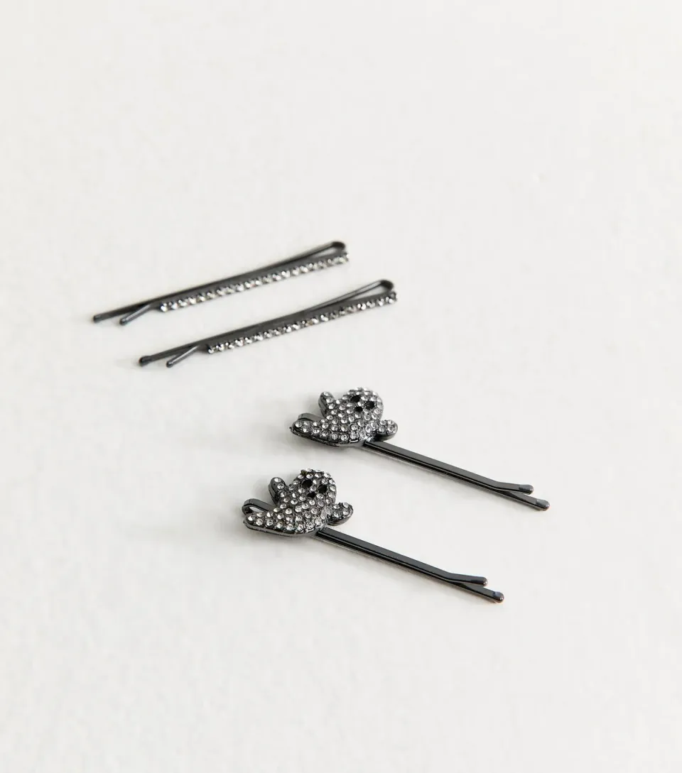 Pack of 4 Black Halloween Ghost And Diamante Hair Slides