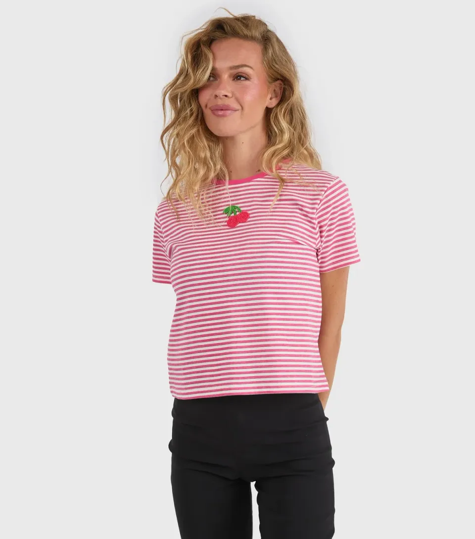 Women's Pink Cotton Striped Beaded Cherry Baby Tee
