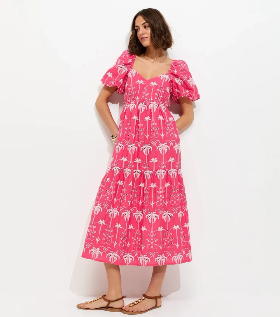 Women's Pink Cotton Palm Tree Embroidered Milkmaid Tiered Midi Dress