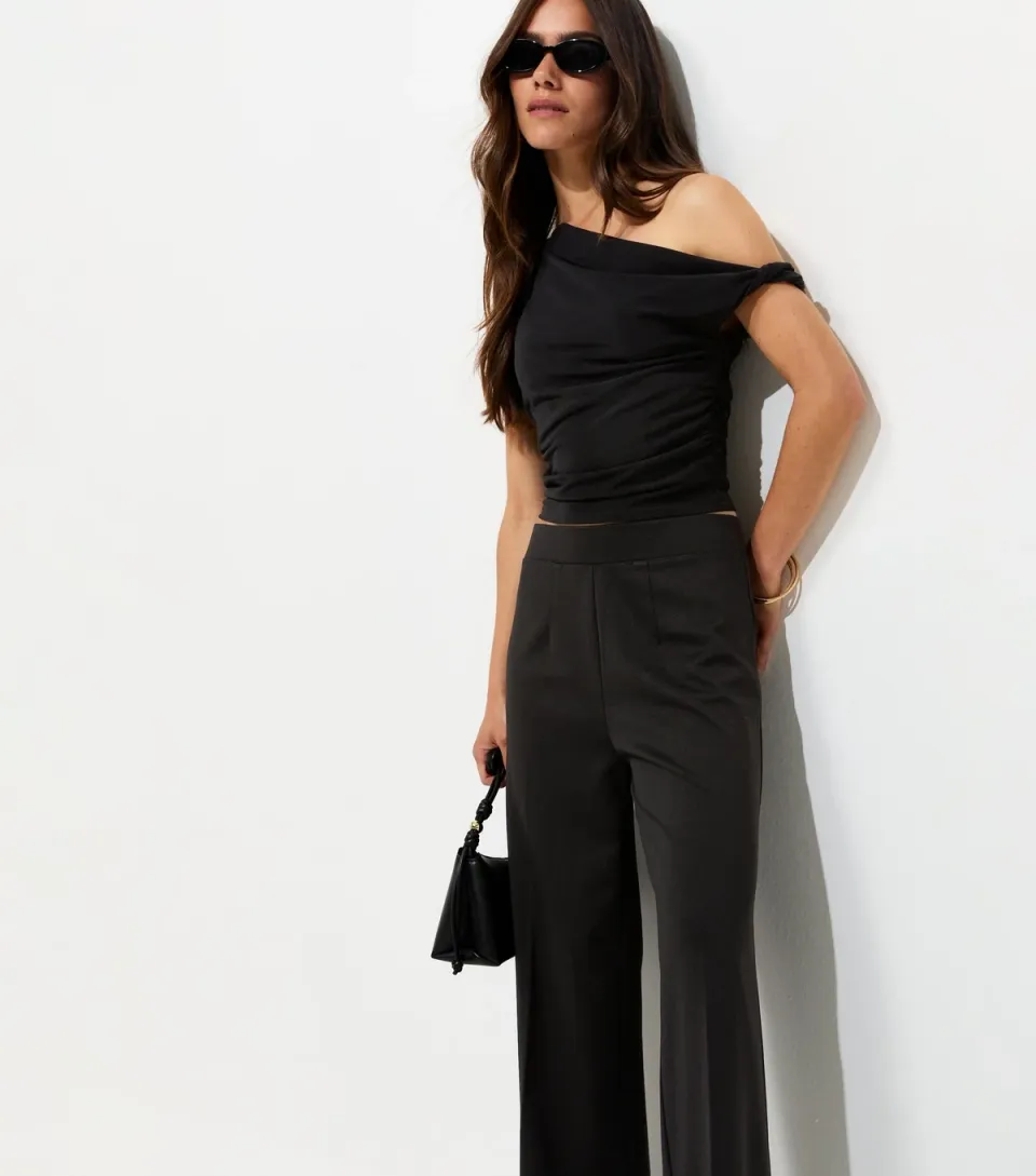 Women's Petite Black Jersey Wide Leg Trousers