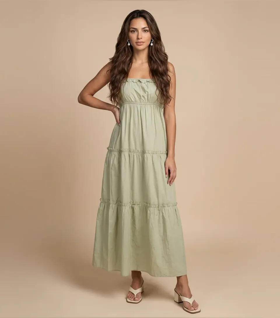 Women's Light Green Cotton Ruched Tiered Maxi Dress