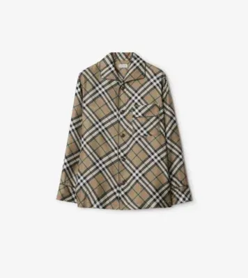 Check Silk Pyjama Shirt in Linden beige