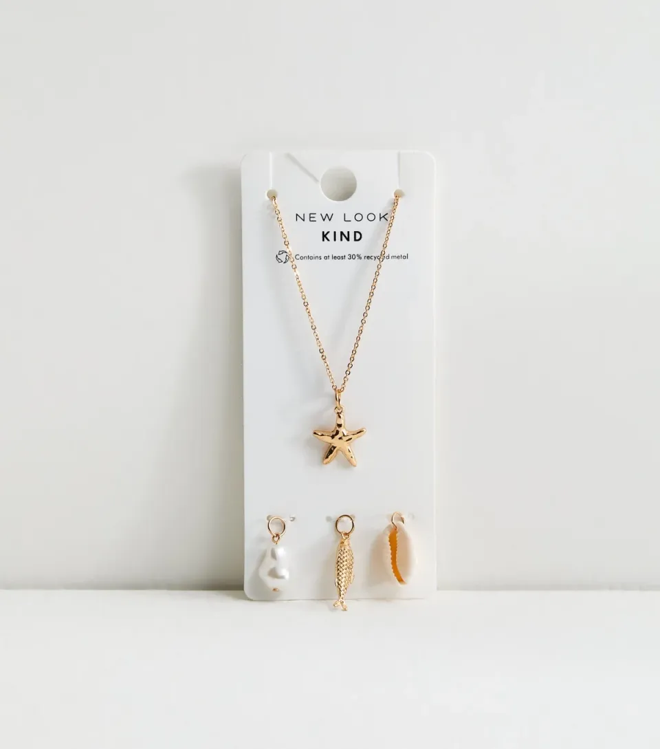 Gold Tone Starfish Costal Charm Chain Necklace