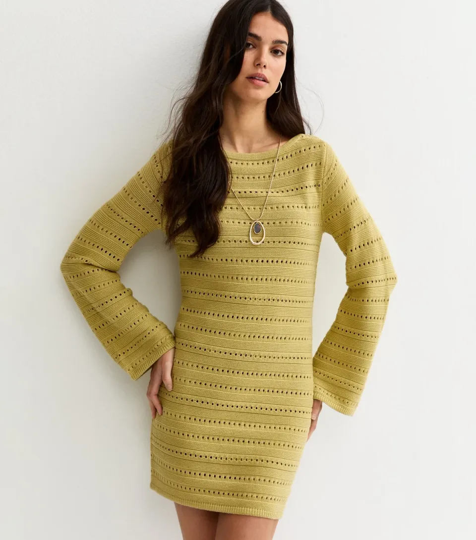 Women's Green Cotton Rich Pointelle Slash Neck Mini Dress