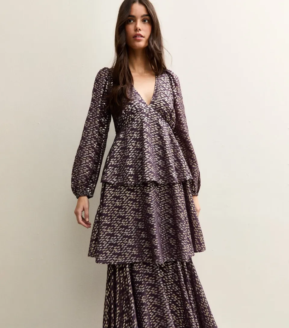 Women's Purple Metallic Jacquard Tiered Maxi Dress