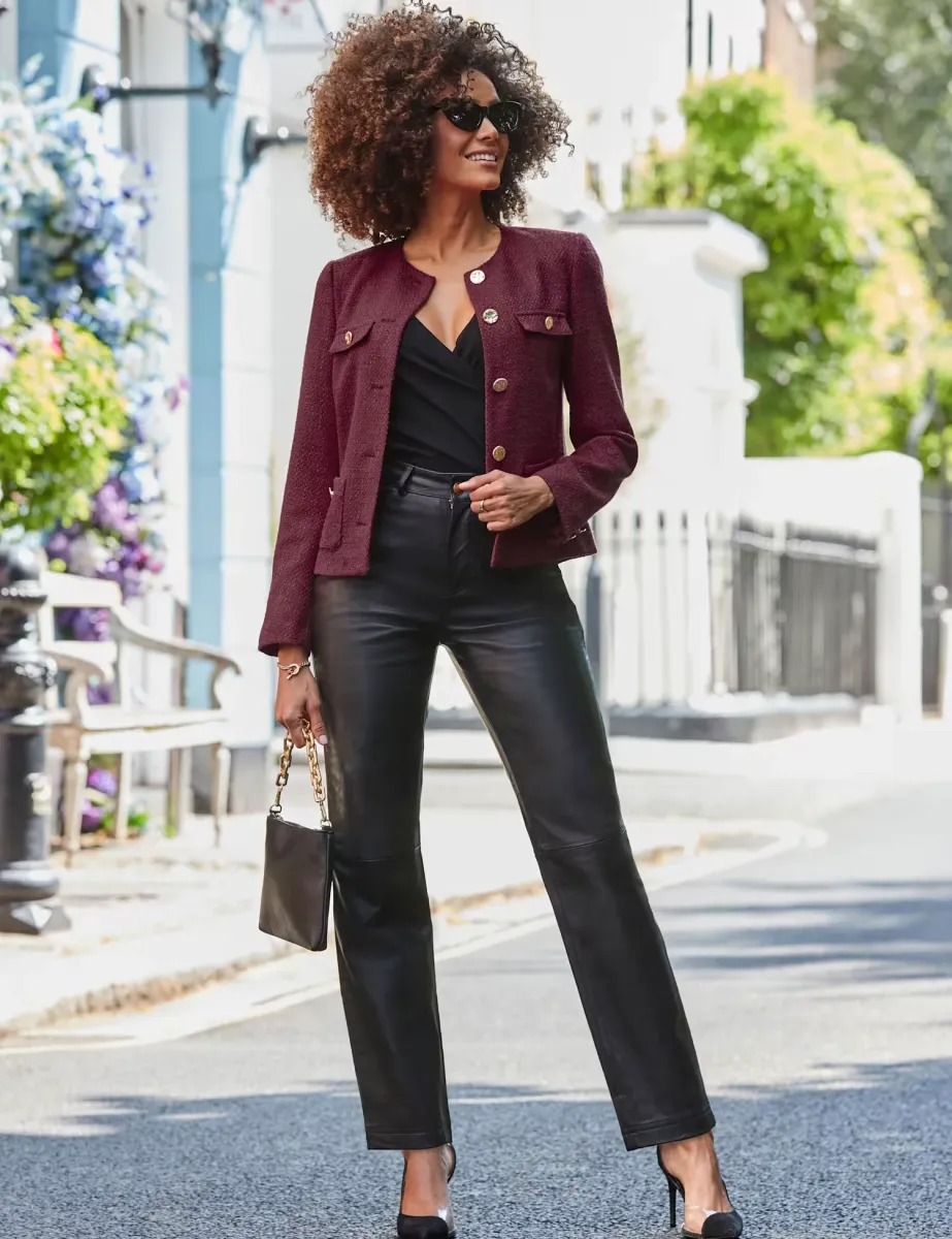 Boucle Textured Collarless Jacket Burgundy