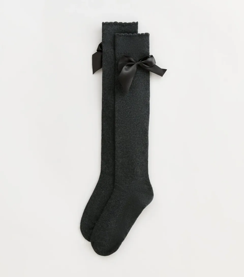 Grey Cotton-Blend Knit Satin-Bow Knee-High Socks