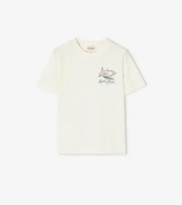 Feather Print Cotton T-shirt in Chalk white
