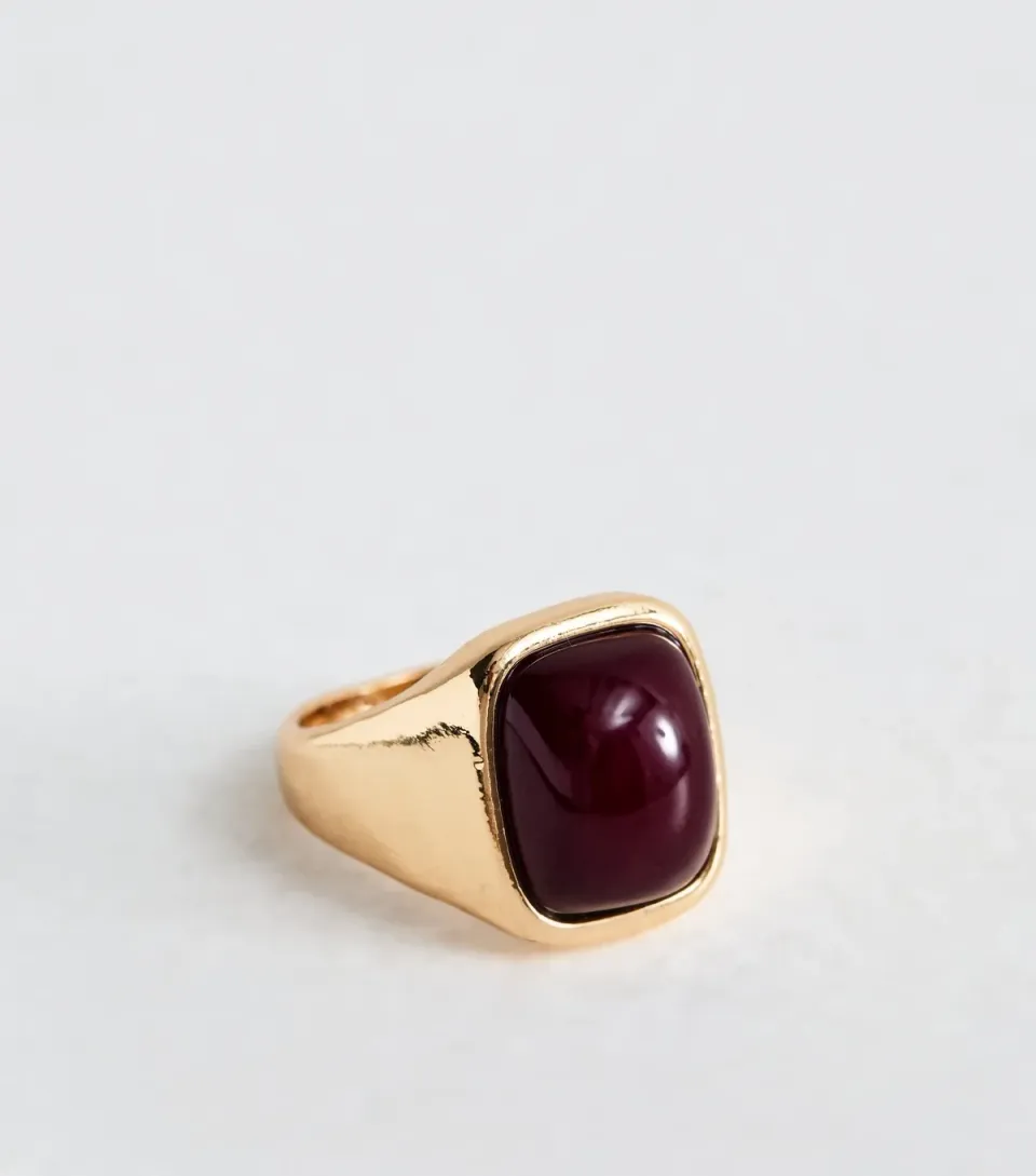 Burgundy Gold Tone Chunky Square Ring