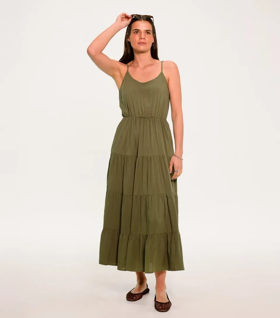 Women's Dark Khaki Tiered Cami Midi Dress