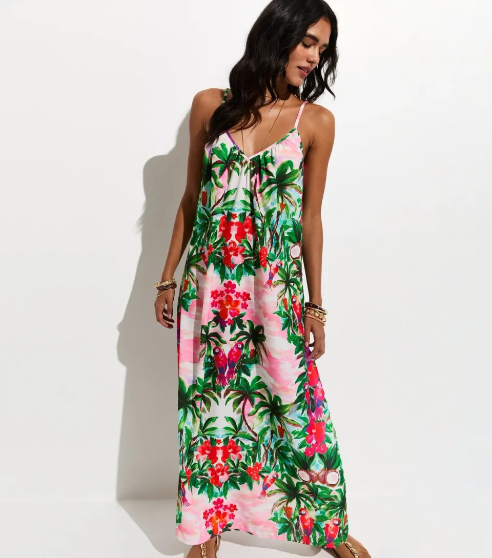 Women's Green Floral Strappy Beach Maxi Dress