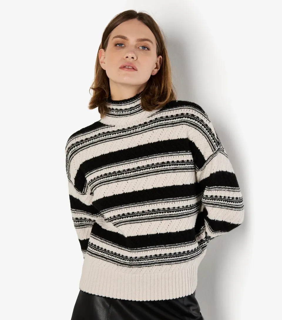 Women's Off White Stripe Pointelle High Neck Jumper