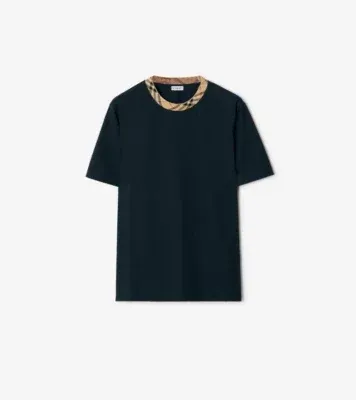 Check Trim Cotton T-shirt in Navy