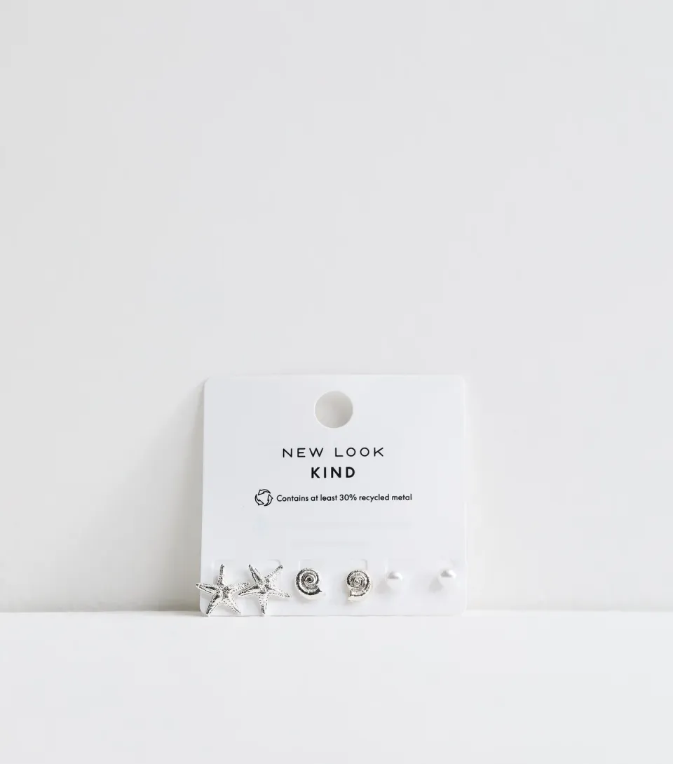 Pack of 3 Gold Tone Shell Starfish and Faux-Pearl Stud Earrings