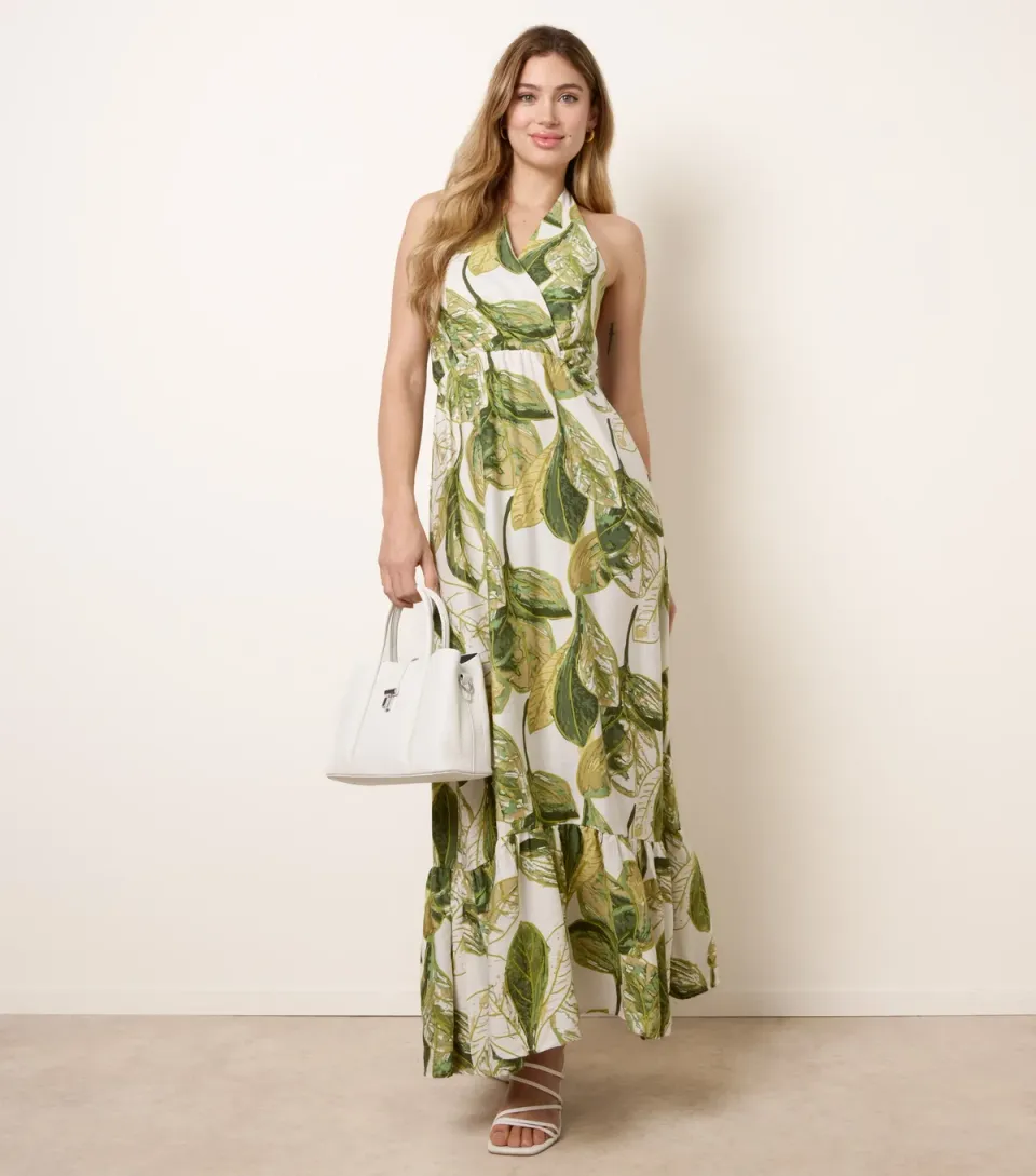 Women's Green Leaf Print Halter Neck Dress