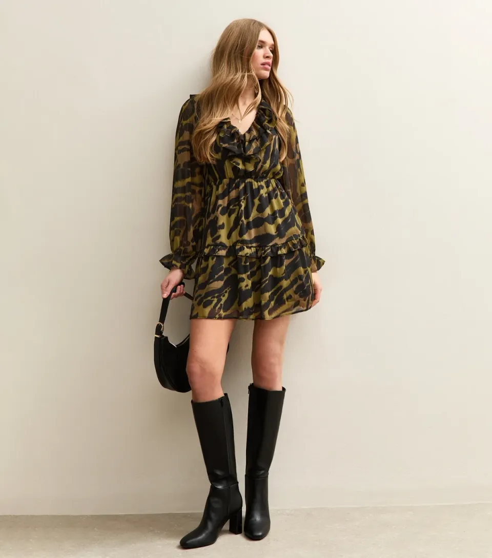 Women's Khaki Animal Print Chiffon Ruffle Mini Dress