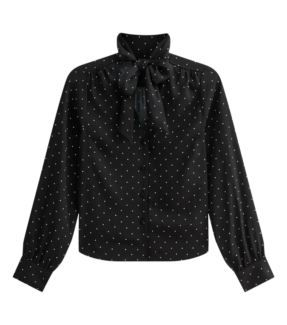 Women's Black Woven Spot Print Pussybow Blouse