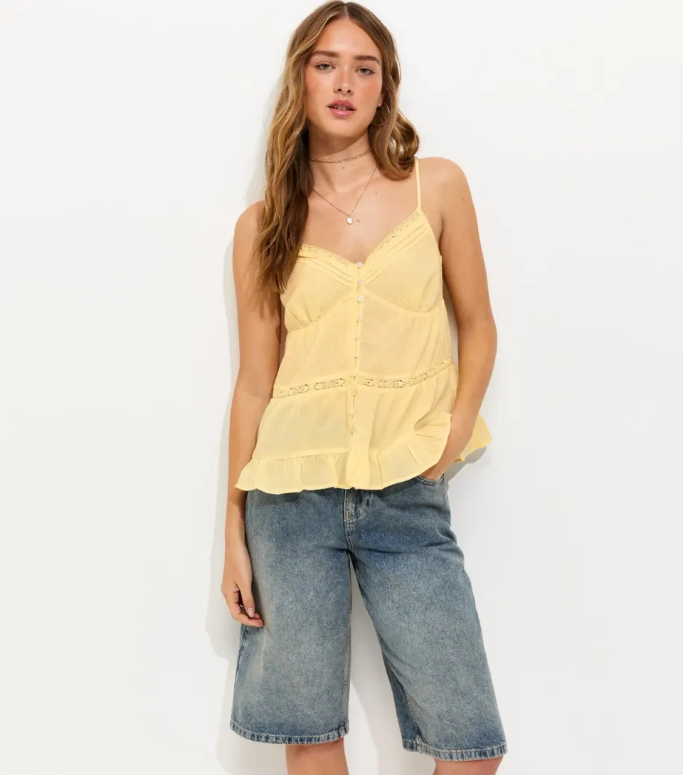 Women's Yellow Lace Trimmed Longline Cami Top