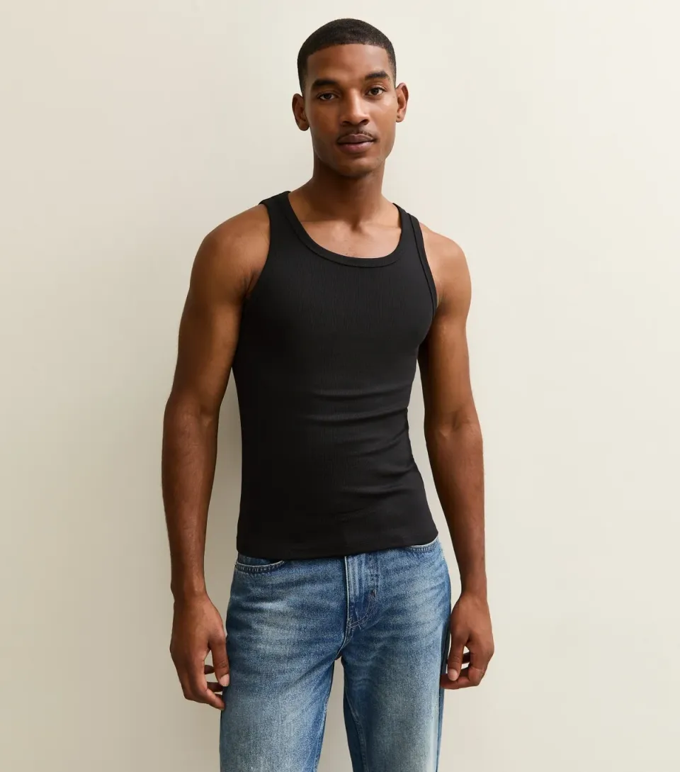 Men's Black Muscle Fit Ribbed Jersey Vest