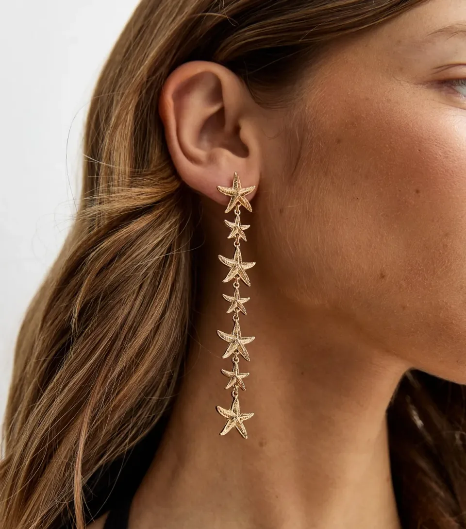 Gold Tone Long Starfish Drop Earrings