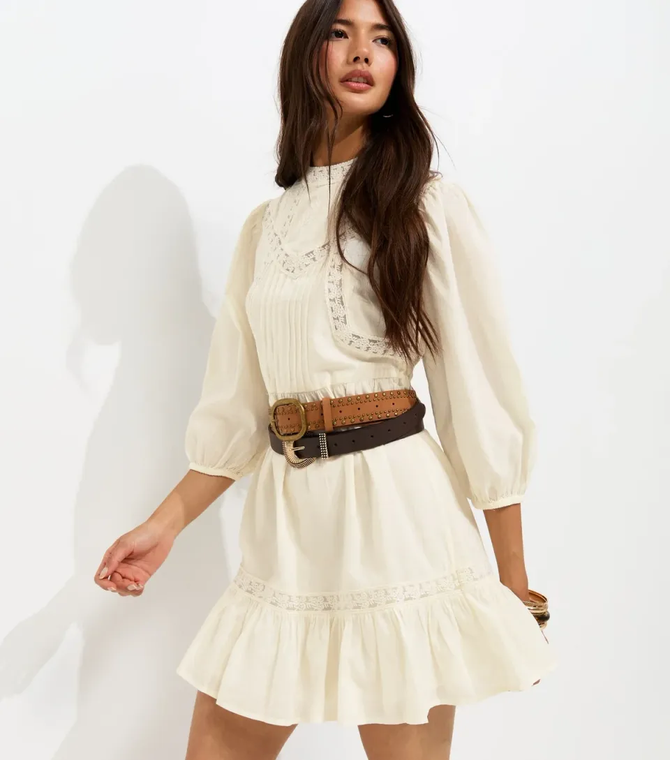 Women's Cream Lace Tiered Mini Dress