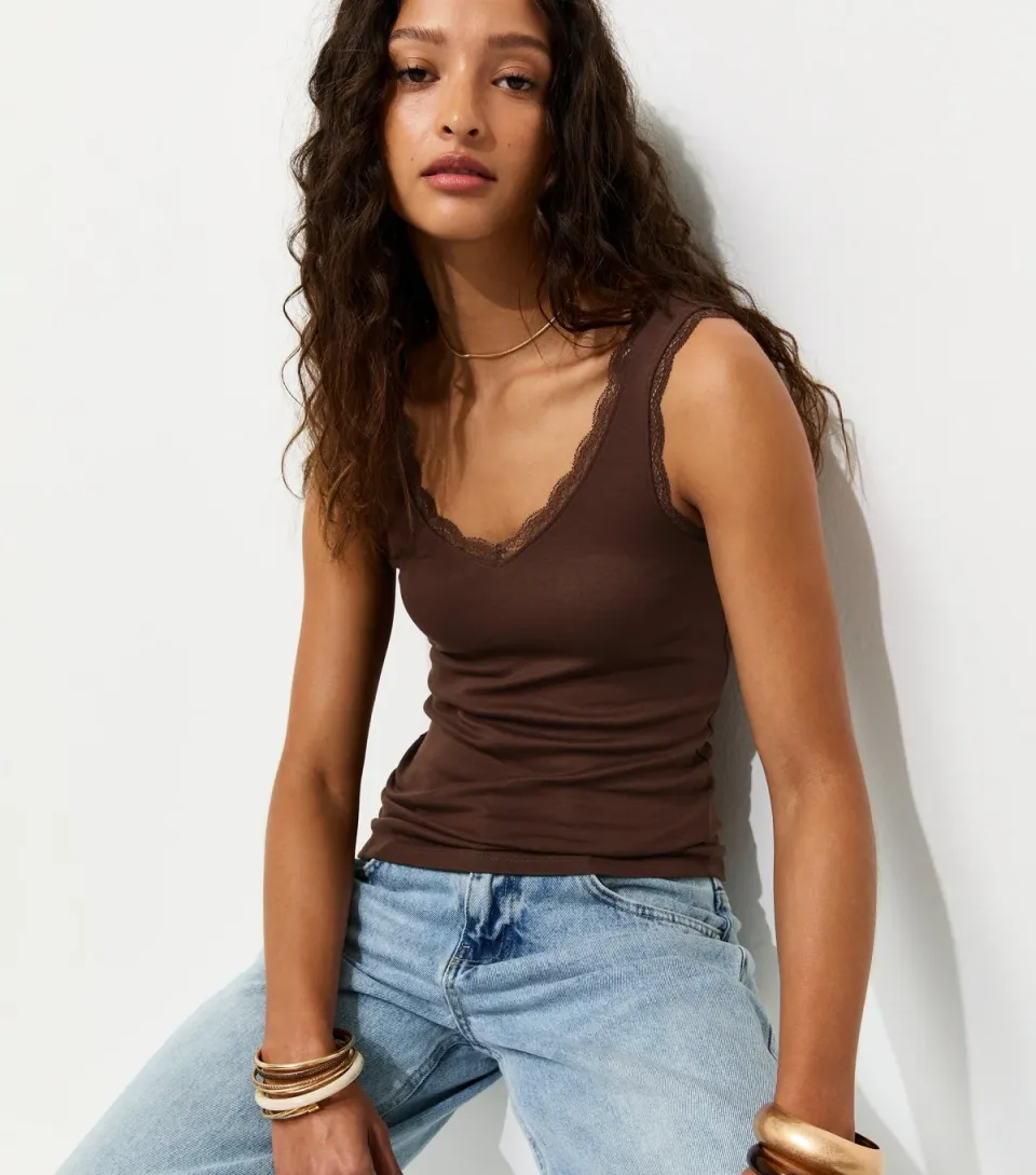 Women's Tan Lace Trim Vest