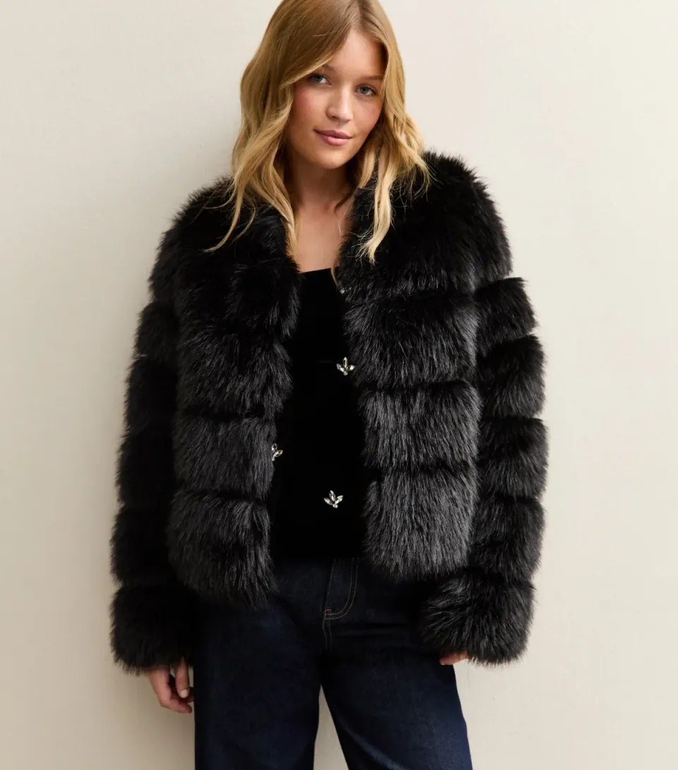 Women's Black Panelled Faux Fur Jacket