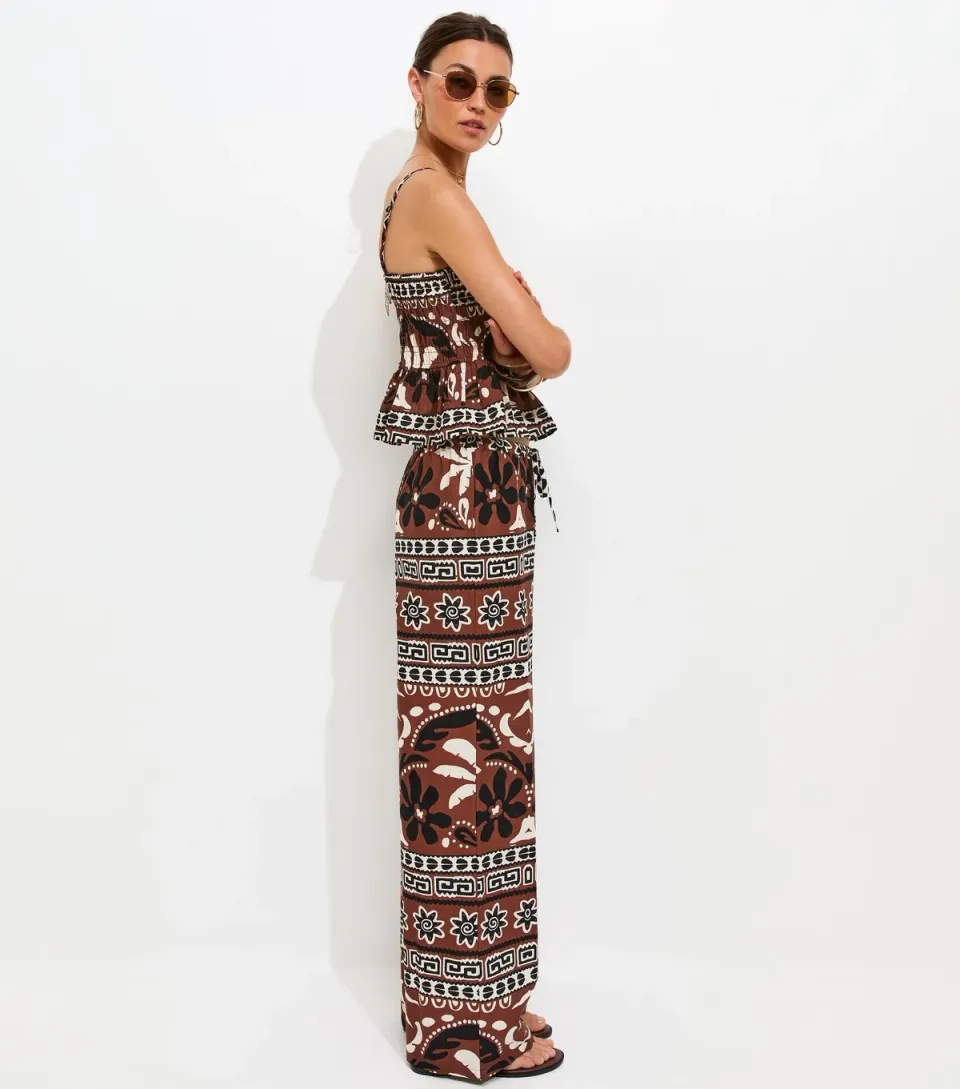 Women's Brown Palm Tree Print Wide Leg Trousers
