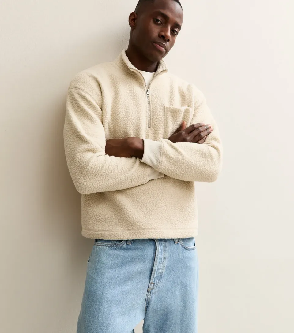 Men's Oatmeal Teddy High Zip Neck Sweatshirt
