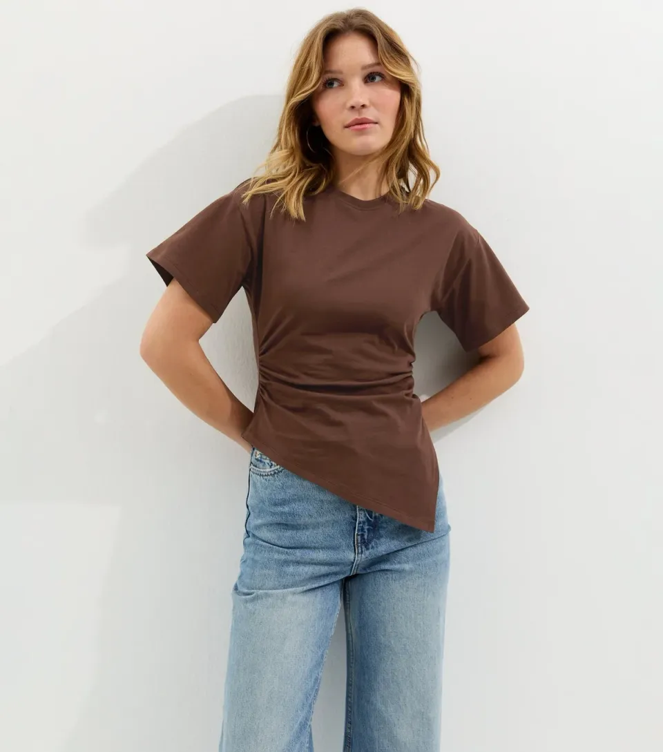 Women's Dark Brown Asymmetric Split Hem Corset T-Shirt