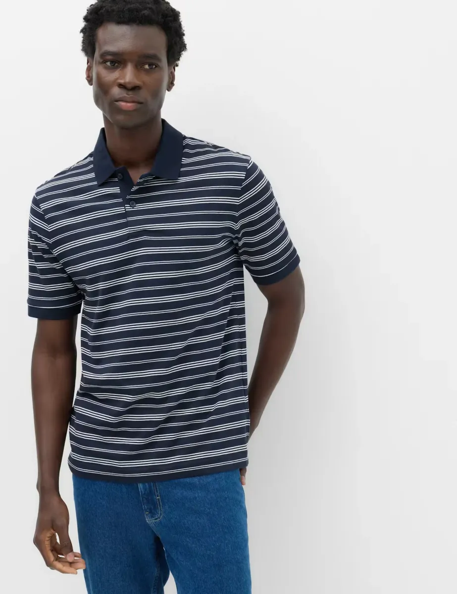 Pure Cotton Yarn Dye Striped Polo Shirt Navy