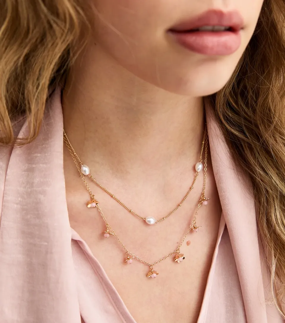 Gold Tone Two Layer Multi Charm Necklace
