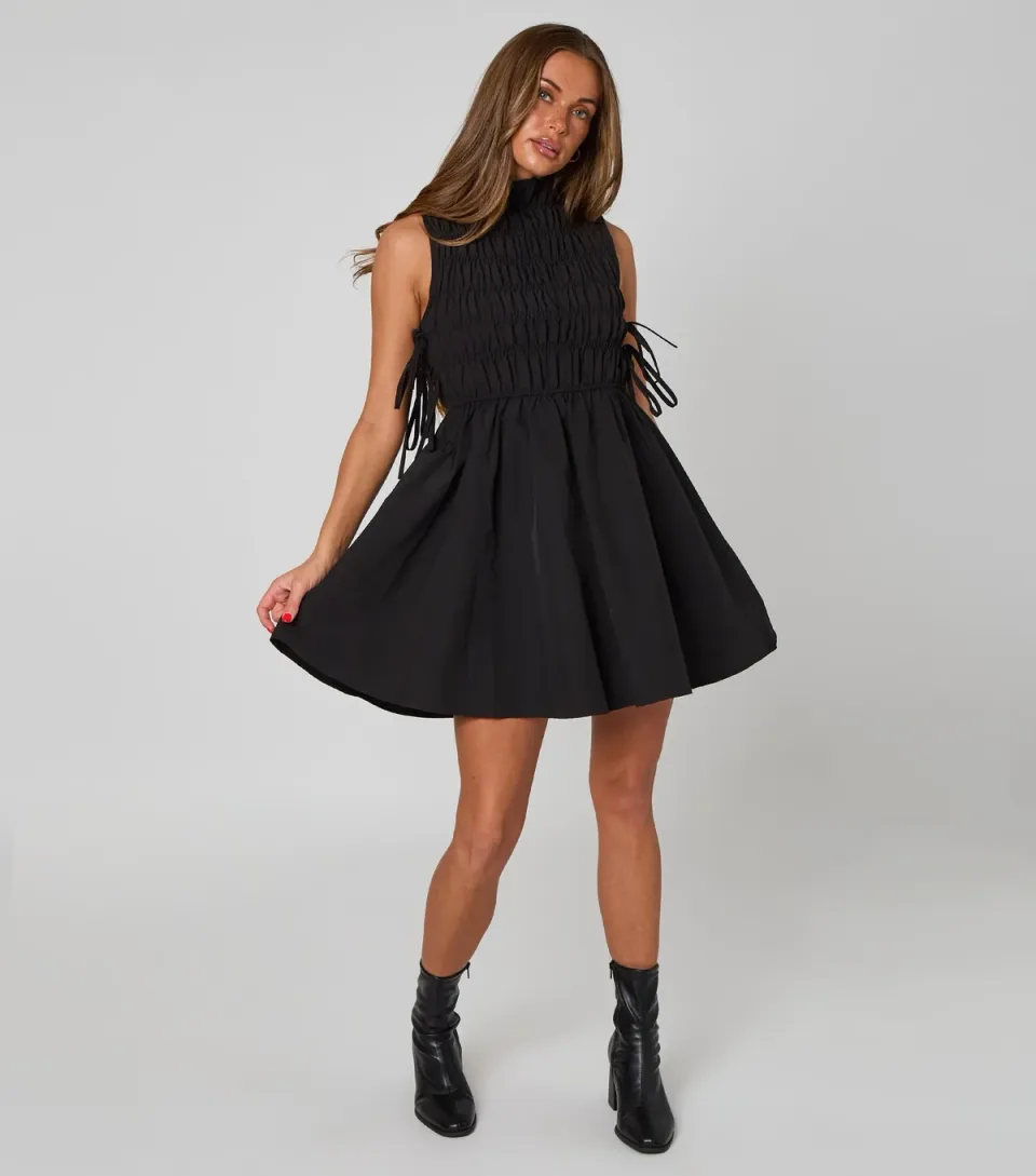 Women's Black Shirred Mini Dress