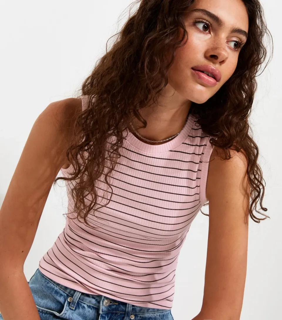 Women's Pink Striped Ribbed Crew Neck Tank Top