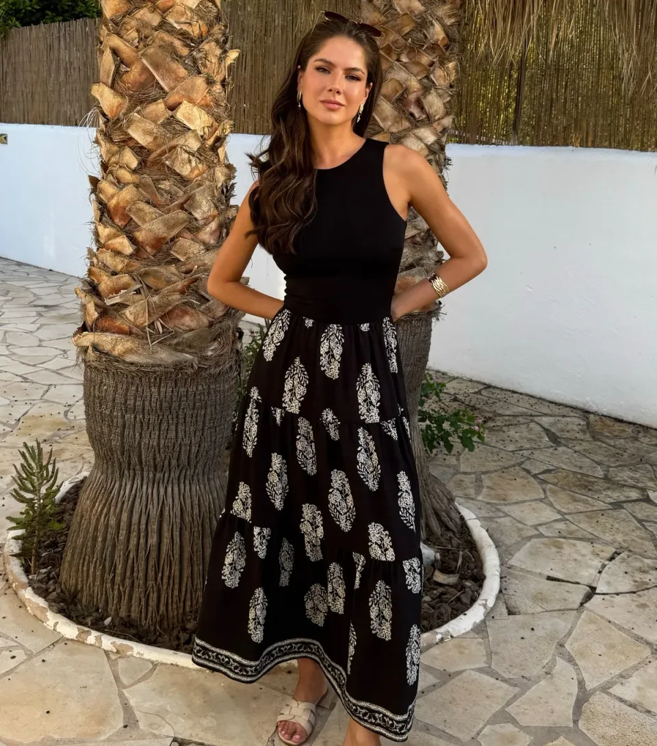 Women's Black 2 In 1 Border Print Smock Midi Dress