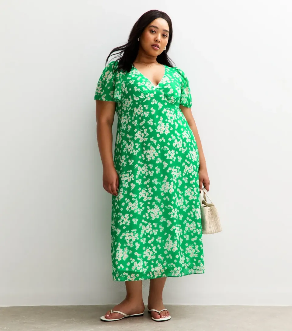 Women's Plus Size Green Floral Print Chiffon Midi Dress Curves