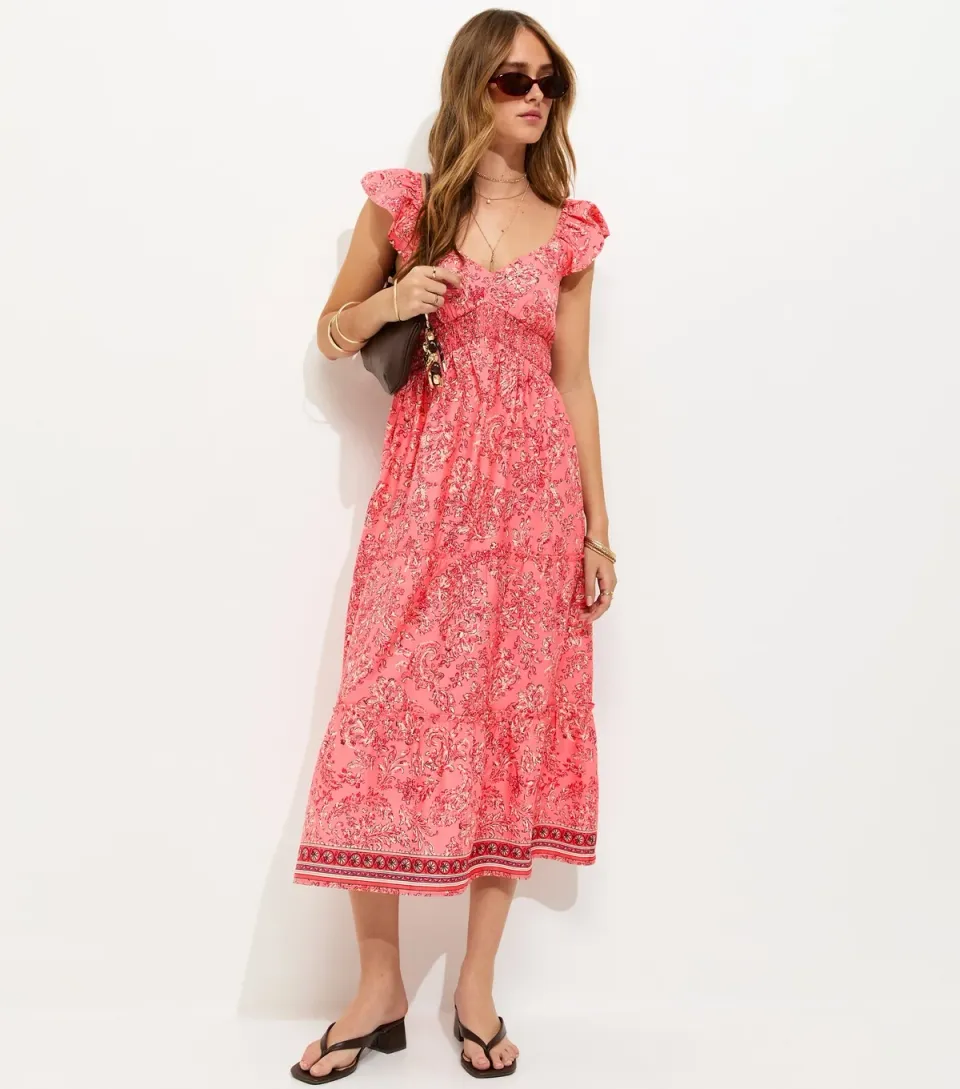 Women's Pink Floral Print Crepe Frilly Sleeve Midi Dress