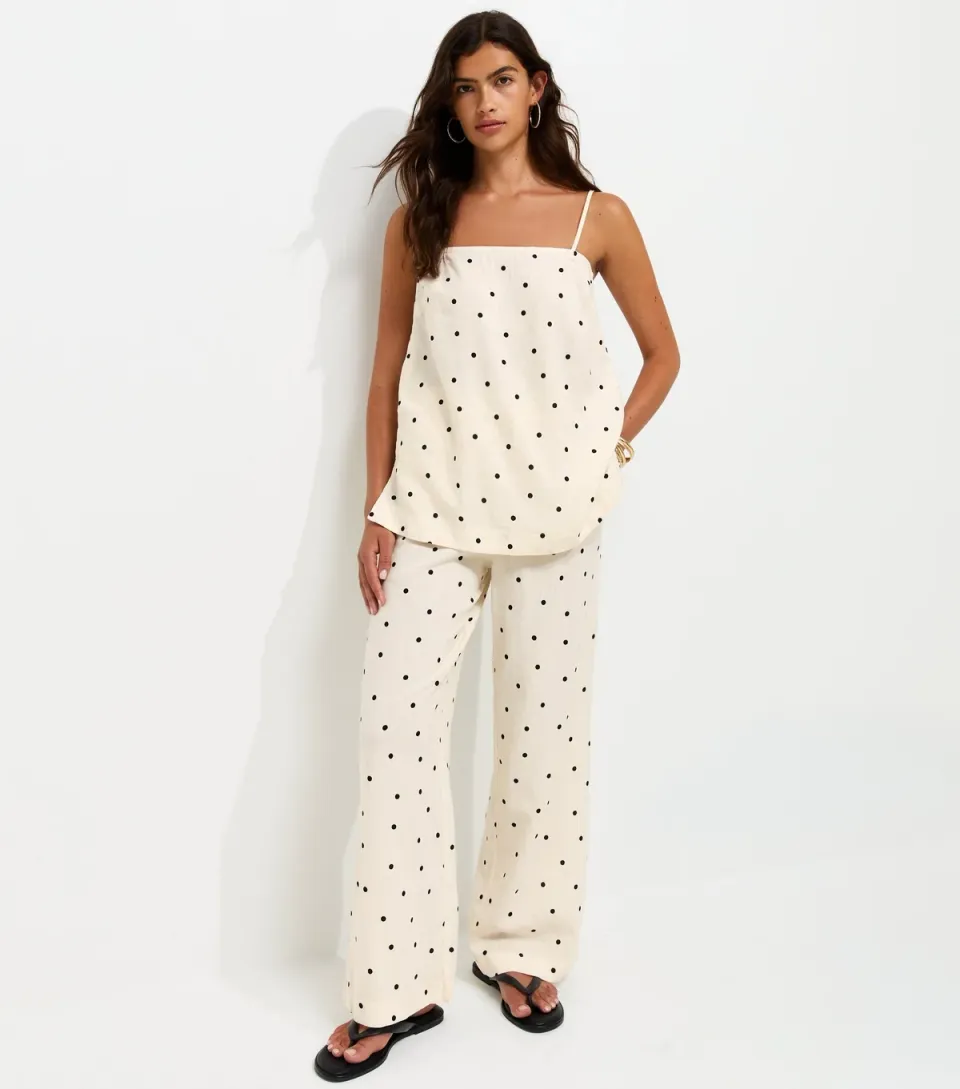 Women's White Linen Rich Spot Print Wide Leg Trousers