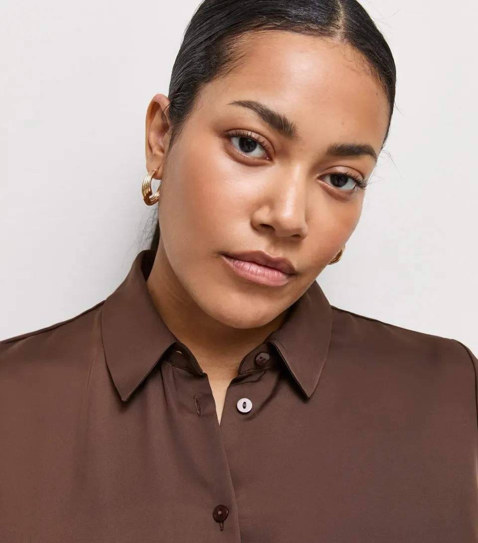 Women's Plus Size Dark Brown Satin Long Sleeve Shirt Curves