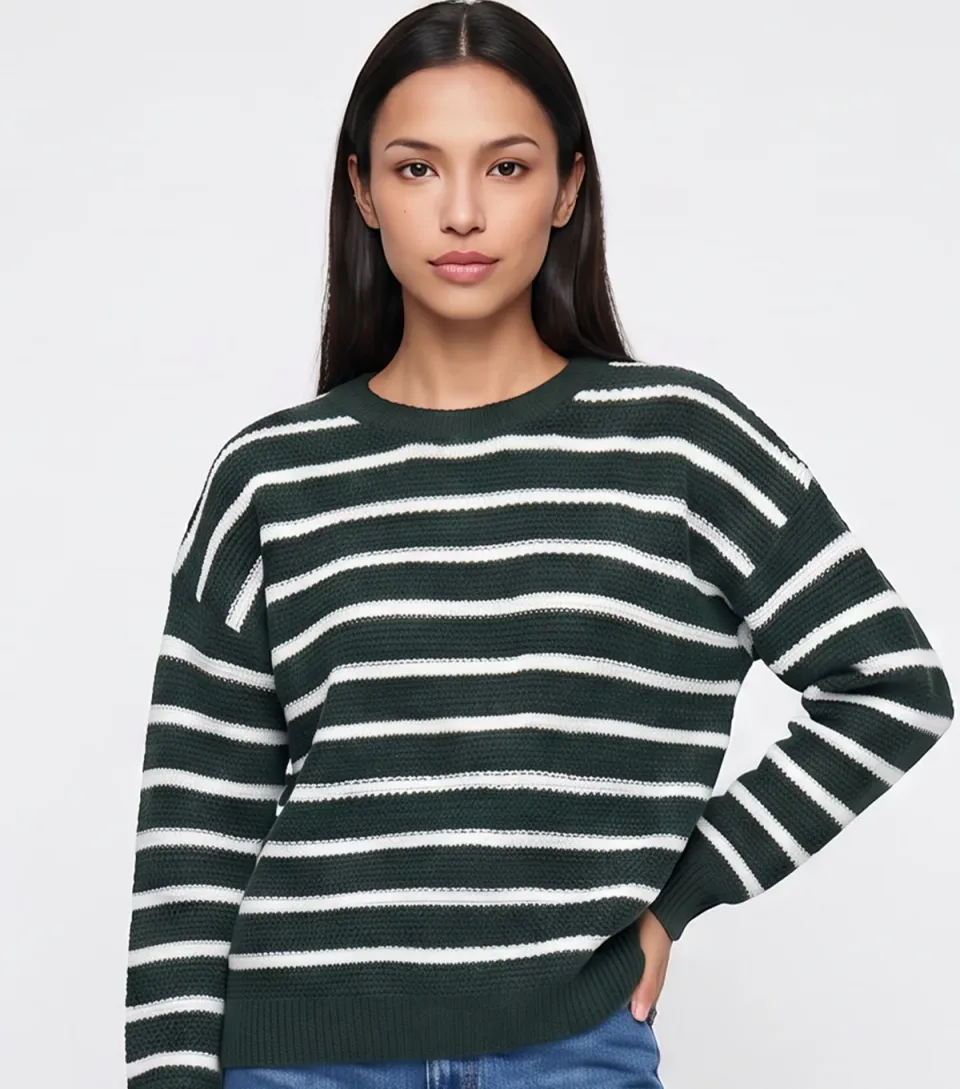 Women's Dark Green Striped Chunky Knit Jumper