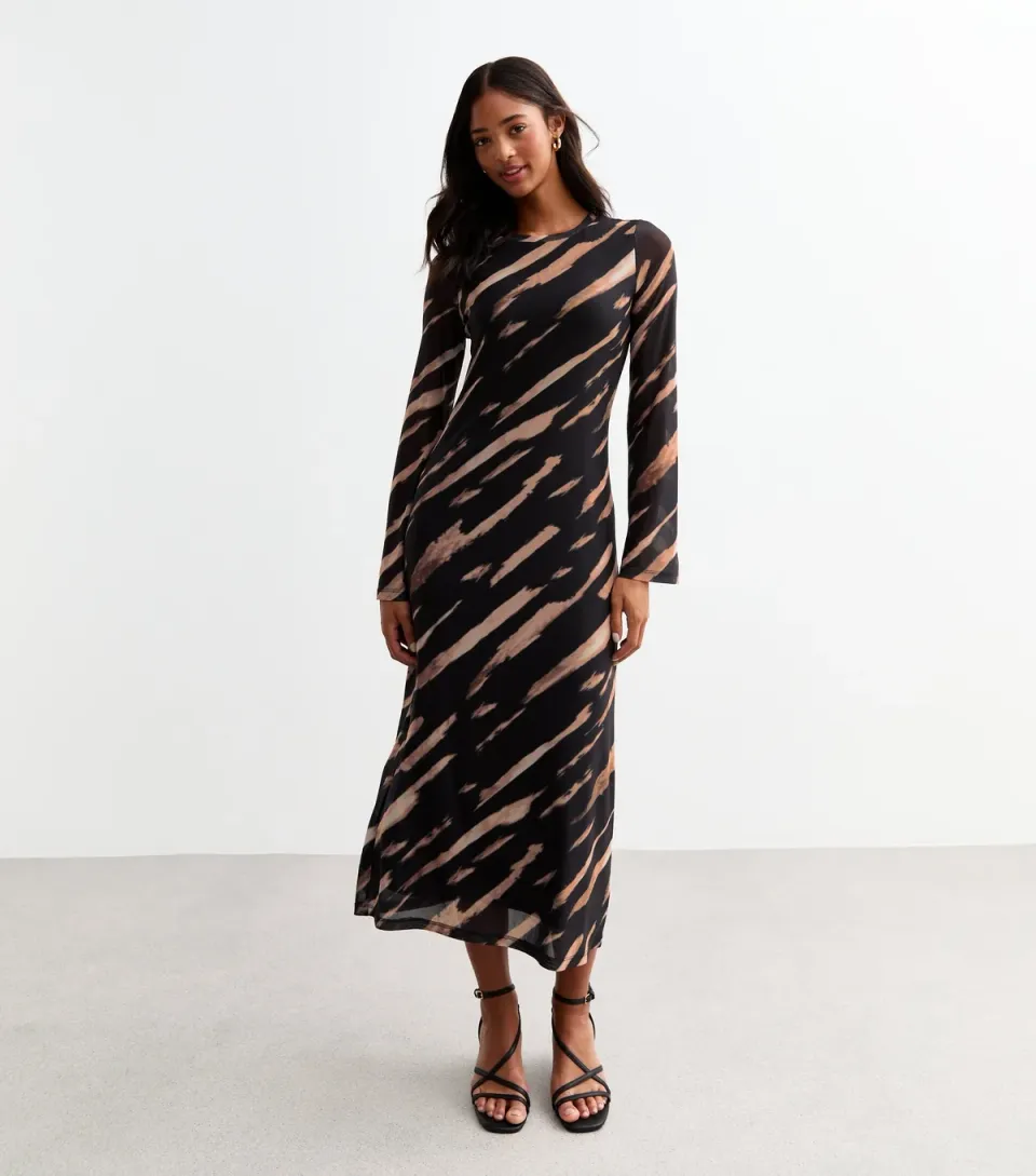 Women's Black Printed Mesh Long Sleeve Midi Dress
