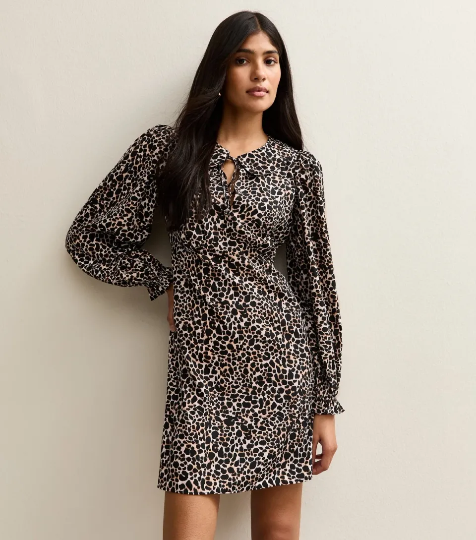 Women's Brown Leopard Print Collared Long Sleeve Mini Dress