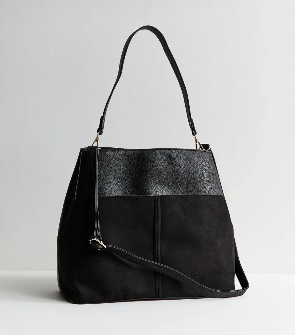 Black Grained Faux Leather and Faux Suede Bag